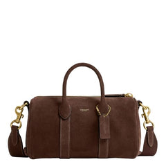 Coach Men's Compass Bag 25 in Dark Chocolate Suede, premium leather travel bag with refined texture.