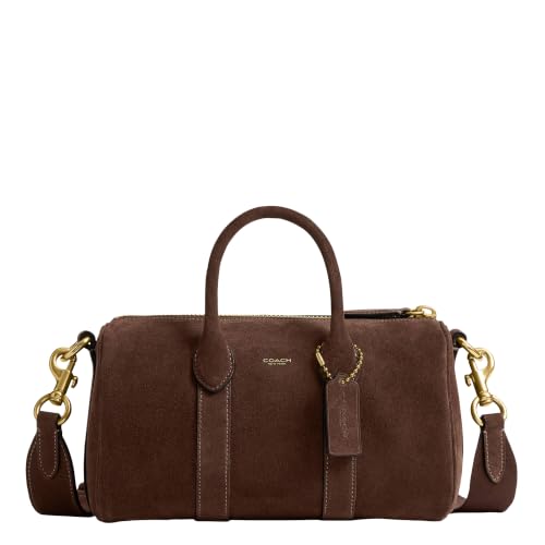 Coach Men's Compass Bag 25 in Dark Chocolate Suede, premium leather travel bag with refined texture.