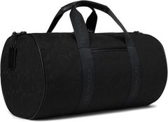 Coach Theo Duffle Premium Signature Jacquard black, stylish travel bag with sturdy handles.