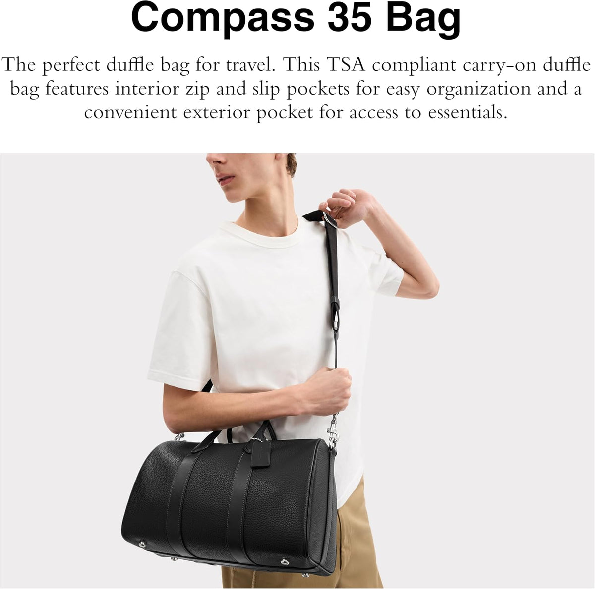 Coach Men's Compass 35 Leather Travel Bag – classic black leather, reinforced corners, convenient internal organizer.