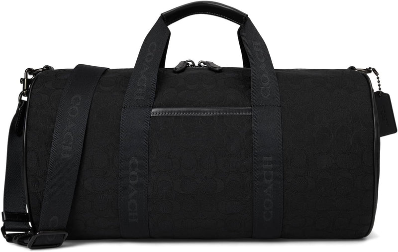 Coach Theo Duffle Premium Signature Jacquard in black, sleek design, spacious interior, durable fabric.