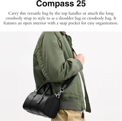 Coach Men's Compass Bag 25, premium leather travel bag featuring a sleek silhouette and robust construction.