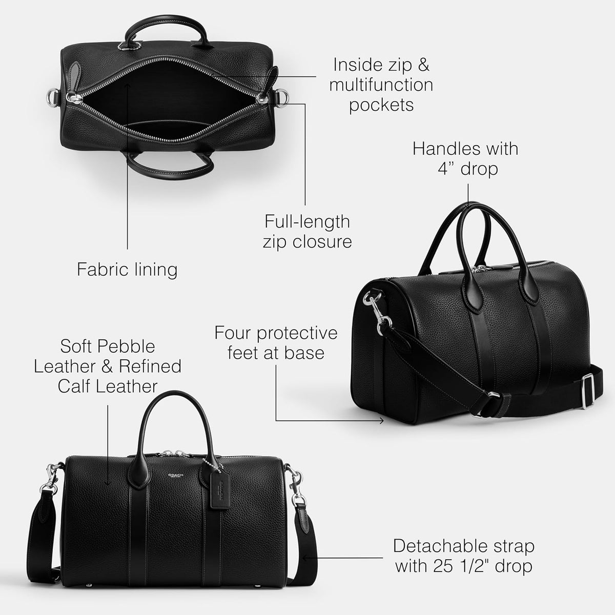 Coach Men's Compass 35 Leather Travel Bag – robust black leather, dual top handles, perfect for travel.